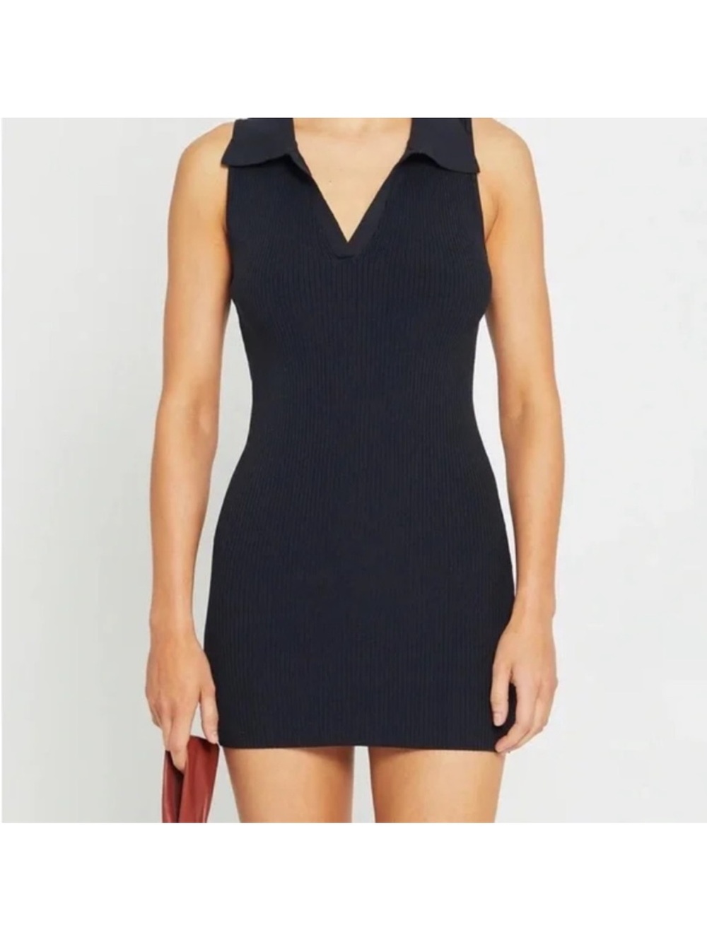 Aritzia Black Sculpt Rib Collared V-Neck Mini Dress